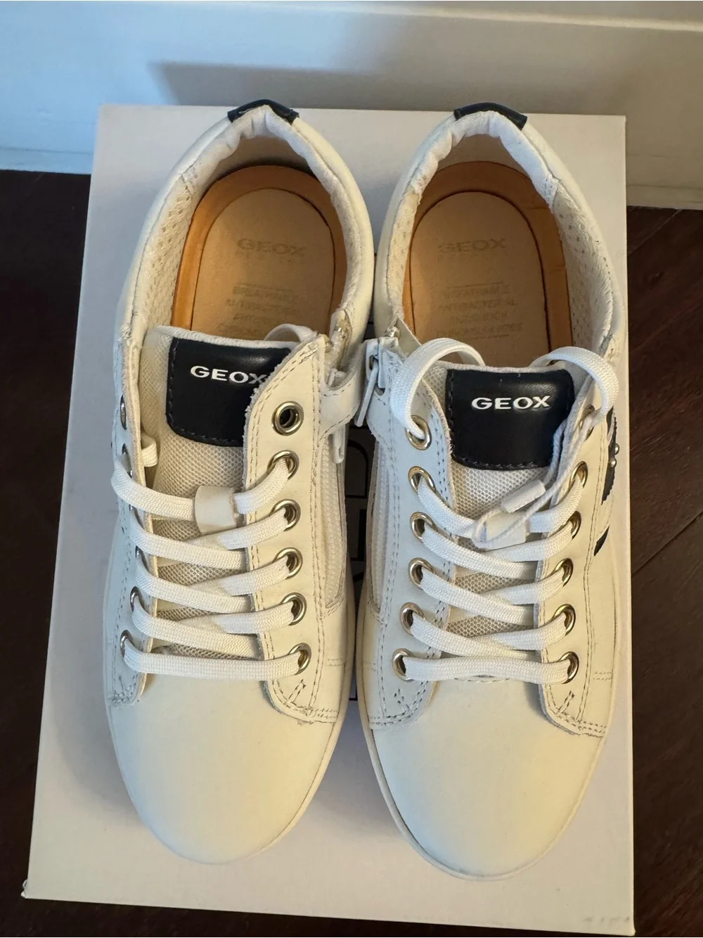 Geox White Sneakers with Navy Stripe Accent